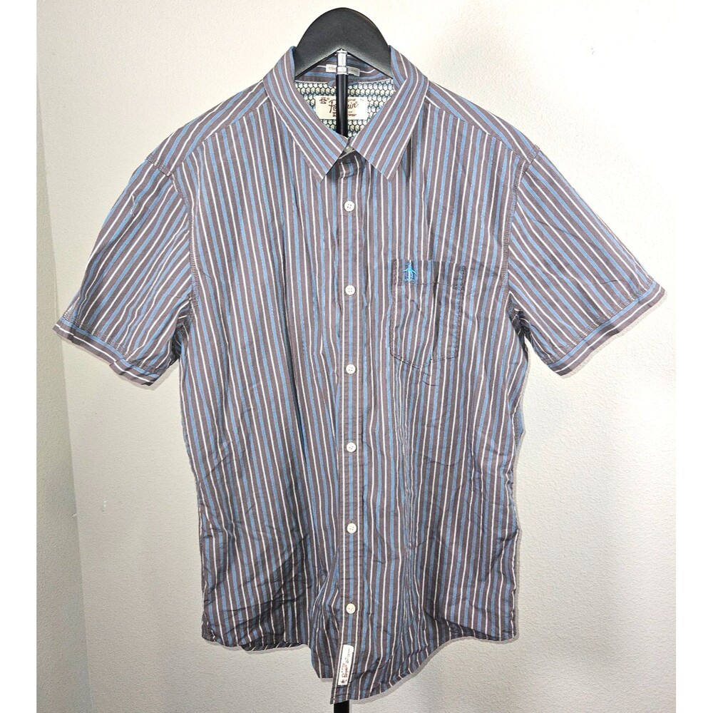 Original Penguin Heritage Slim‎ Fit XL Blue Gray Stripe Short Sleeve Shirt